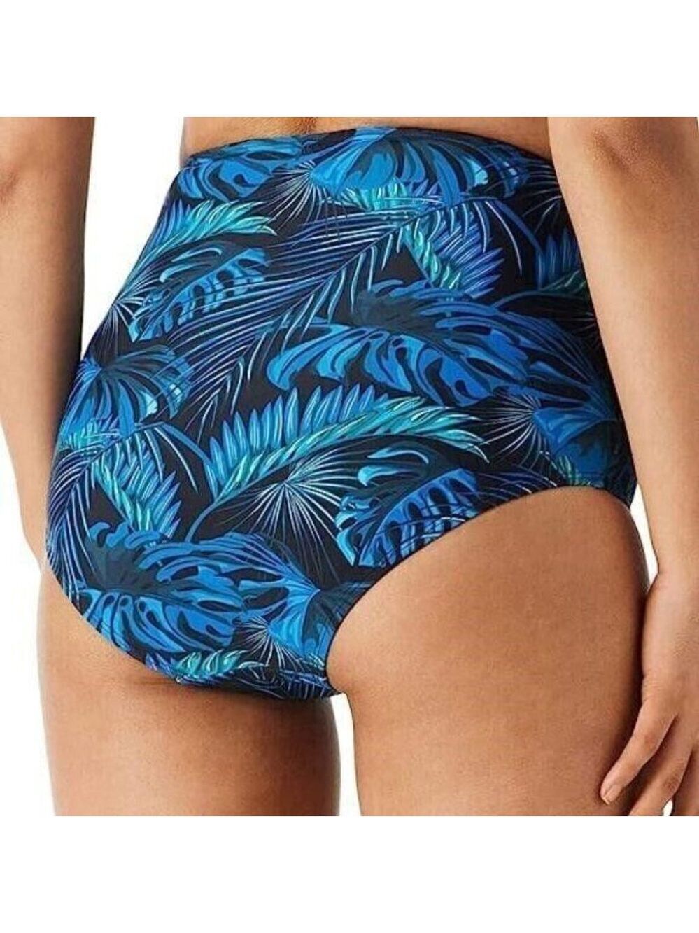 ✨RELLECIGA Blue Palm High-Waisted Bikini Bottom Ruched Lined NWT Small
